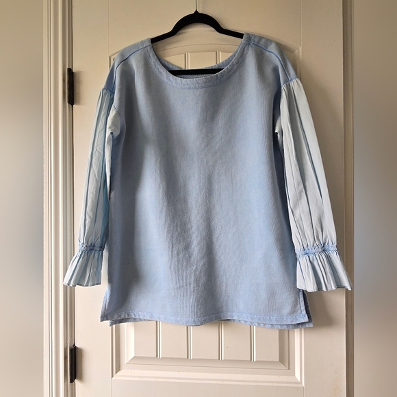 Anthropologie Pilcro Mixed Media Oversized Pullover Top Blue Balloon Sleeve Sz S - Picture 3 of 14